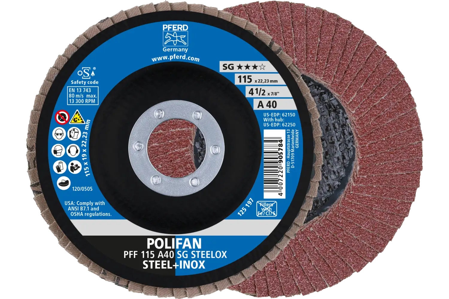 Picture of Pferd Flap Disc, 4-1/2" x 7/8, A SG Steelox, 40 Grit, T27, Flat, Aluminum oxide